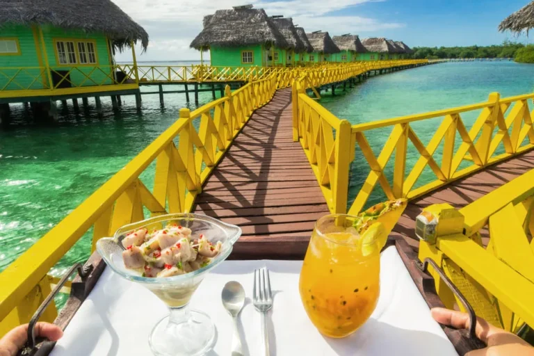 Ceviche and fresh juice served on the walkway between the palafitos