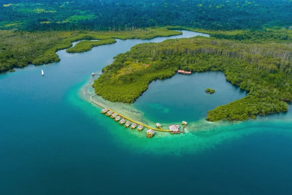 Aerial view of the palafitos next to a mangrove island in Bocas del Toro
